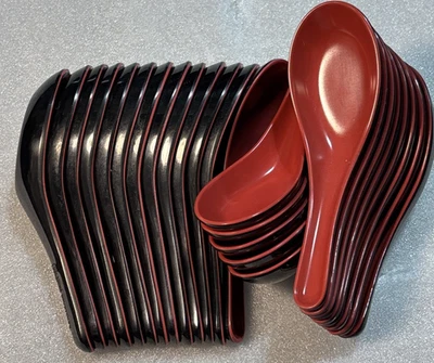 LOT of 26 Asian/Japanese Style Melamine RED & BLACK Soup SPOONS 26 pieces - Image 1 of 3