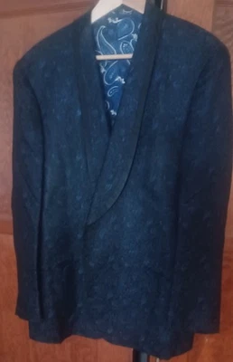 80 年代复古锦缎燕尾服夹克丝绸 Ranees 香港西装外套钴蓝色 — 第 1/4 张图片