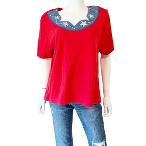 Camiseta Top Vintage Años 80 Gepetto Rojo Denim Estrella Plateada Tachonada, Grande - Imagen 1 de 8