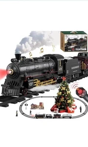 Juego de tren de control remoto locomotora de vapor, vagón de carga y vías, negro oscuro - Imagen 1 de 7