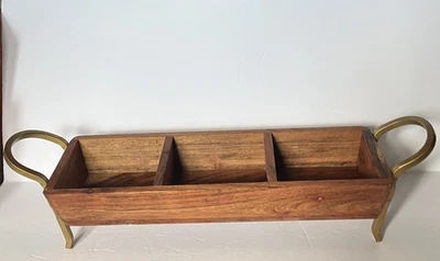 Wood Centerpiece Dish Metal Handles And Legs 3 Compartment 20 X 4.75 Inches - Image 1 of 4