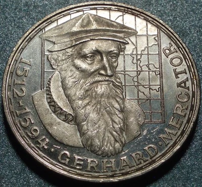 Cartógrafo Gerhard Mercator 1969 Alemania Occidental conmemorativo plata "5 marcas" Foto 1 de 3