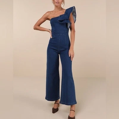 NWT Lulu’s Fabulous Effect Blue Chambray One Shoulder Wide Leg Jumpsuit Size L - Image 1 of 4