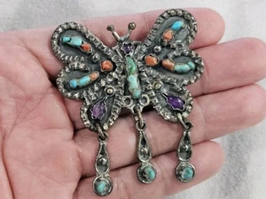 Matl Poulat Style Vtg. Mexico Taxco Turquoise Coral Sterling Silver Pin Brooch - Picture 1 of 13