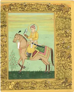 Pintura en miniatura a mano del emperador Akbar a caballo con pájaro águila 7,25x9 pulgadas - Imagen 1 de 5