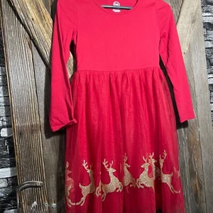 Girls Christmas Reindeer Holiday Dress Red Gold Large 10 12 EUC - Picture 1 of 6
