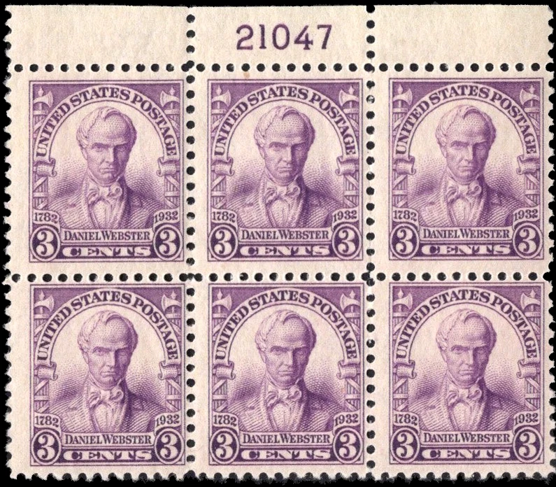 Scott # 725 - US Plate Block Of 6 - Daniel Webster- 3c Purple **MNH**-1932 - Image 1 of 1