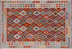 Alfombra de lana reversible tejida plana Kilim 6' 8"" X 9' 8"" - Q17544 - Imagen 1 de 8