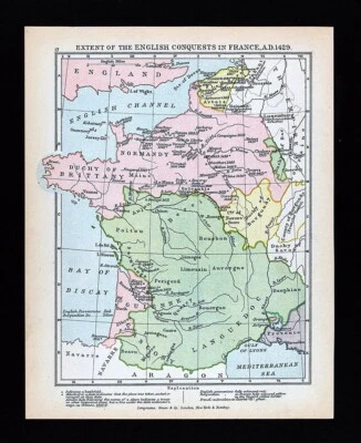 Antiguo Mapa Conquistas Inglesas en Francia 1429 Cien Años Guerra Batallas Inglaterra Foto 1 de 2