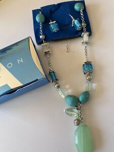 Avon Faux Turquoise, Seaglass & Glass Beads Necklace and Earrings Set in Box