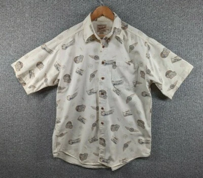 WOOLRICH Rugged Outdoor Wear Vintage Travel Stamps Graphic USA Button Shirt L — 第 1/4 张图片