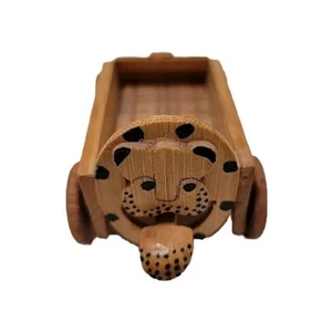Leopard Face Toy Cart Japan Bamboo Wood Tongue Moves W Wheels Vintage Retro  - Picture 1 of 6