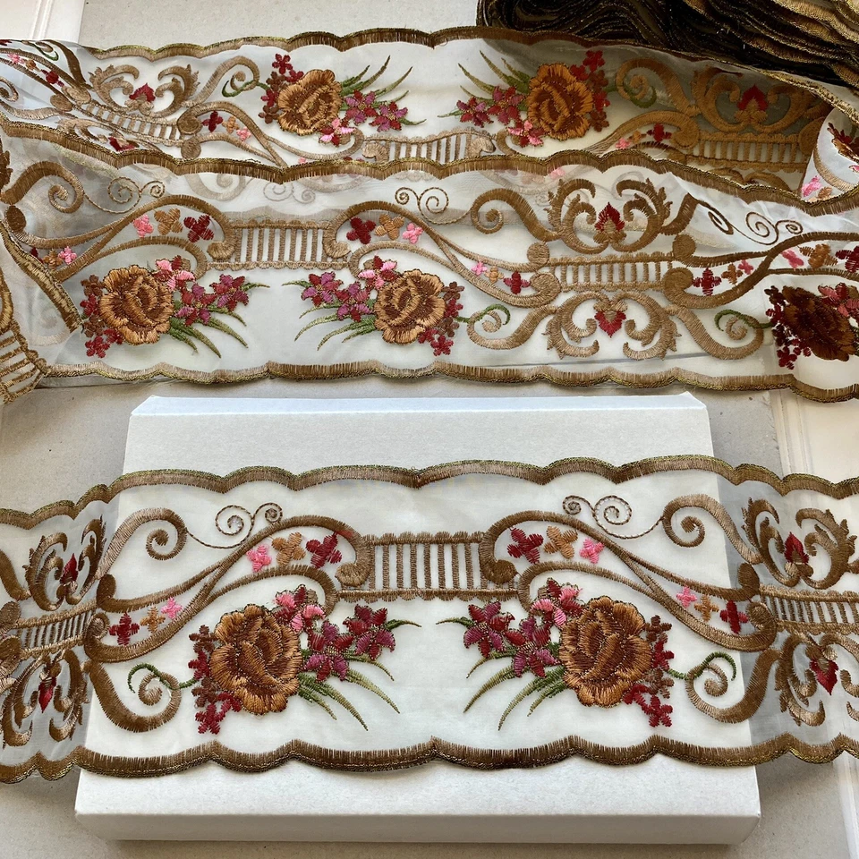 2 Yards Brown Floral Embroidered Double-edged Trim/Sewing/Crafts/Bridal/4" Wide - Image 1 of 4