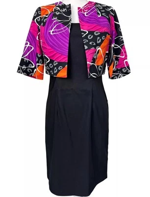 AGB Petite Vestido Vaina Negro 2 Piezas con Chaqueta Bolero Estampado Abstracto Vibrante Foto 1 de 4
