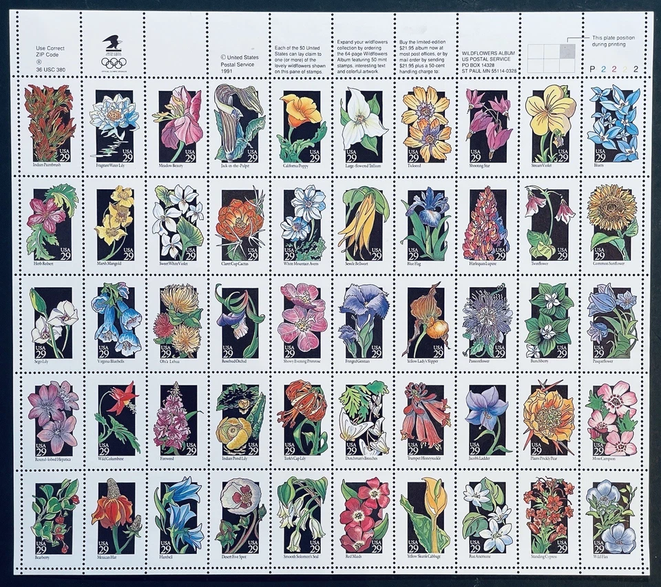 US WILDFLOWERS .29c STAMPS SHEET OF 50 MNH 1992 SCOTT #2647-2696a POPPY VIOLET - Image 1 of 1