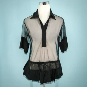 Adam Selman Size Medium M Black Mesh Button Ruffle Layered Short Sleeve Top - Picture 1 of 7