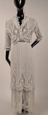 ELEGANTE VESTIDO ANTIGUO EDUARDIANO RICO ENCAJE 2 PIEZAS CON BORDADO + FALDA ESCALONADA Foto 1 de 4