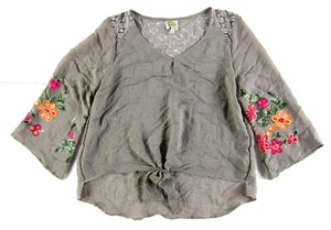 Fig And Flower Anthropologie Brown Pink Embroidered Floral V-Neck Tie Blouse L - Bild 1 von 5