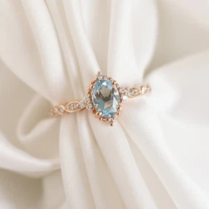 Victorian Oval Cut Natural Aquamarine Rose Gold Plated On Silver Engagement Ring - Picture 1 of 5