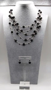Schöne Vintage Demi Parure silberfarben schwarz perlen Statement Halskette Ohrring Set - Bild 1 von 10