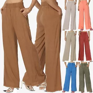 TheMogan Women's Washed Linen Wide Leg Pants Boho Elastic Waist Frayed Hem - Picture 1 of 50