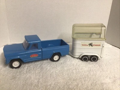 VTG Tonka Blue Jeep Pick-up Truck & White Horse Trailer Pressed Steel # 82 READ - Image 1 of 4