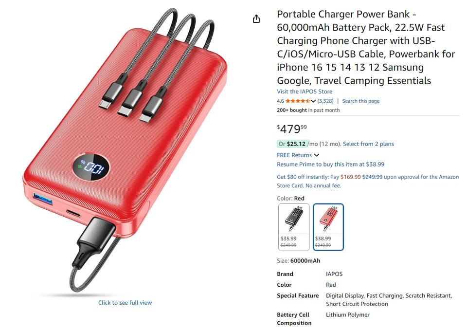 Portable Charger Power Bank - 60,000mAh Battery Pack, 22.5W Fast Charging Phone - Image 1 of 4
