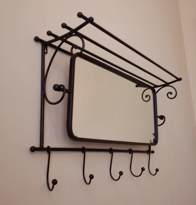 New Vintage Retro MIRROR Metal CARRIAGE Rustic BLACK Industrial Shelf w/Hooks - Image 1 of 4