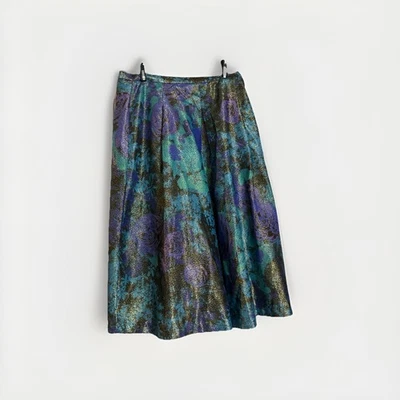 Tracy Reese Pleated Skirt Floral Metallic Brocade Artsy Flowy Boho Chic Sz 12 - Image 1 of 4
