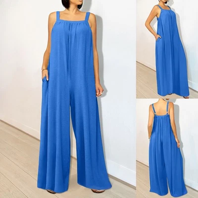 Damen Sommer Ärmellos Jumpsuit Overall Lose Latzhose Freizeit Hosenanzug Tasche - Bild 1 von 4