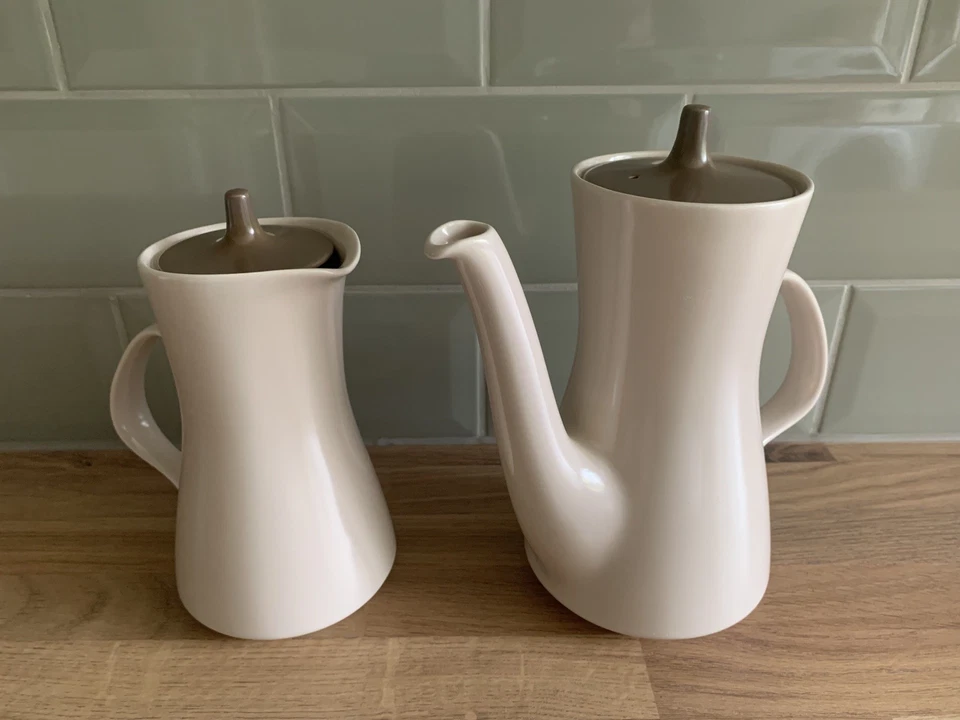 POOLE POTTERY Twin Tone Mushroom & Sepia Coffee Pot & Hot Water Jug Set of 2  - Image 1 of 4