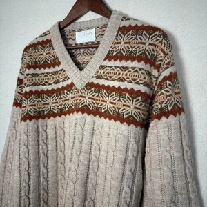 Vintage 80s Cable Knit Fair Isle V Neck Jantzen Women's L Sweater - Picture 1 of 4