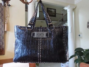 Carolina Herrera Studded Black CH Embosed Patent Leather Tote/Shoulder Bag - Picture 1 of 24