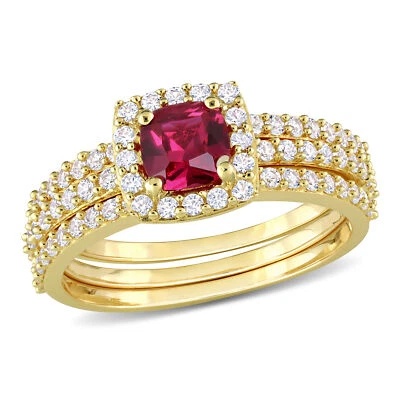 Amour Yellow Silver Created Ruby and Created White Sapphire Bridal Ring Set - Image 1 of 4