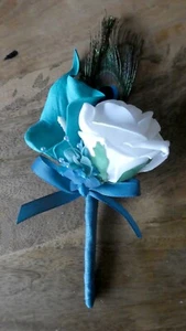 Cala Lily & Peacock Feather Corsage in Teal and White - Picture 1 of 1