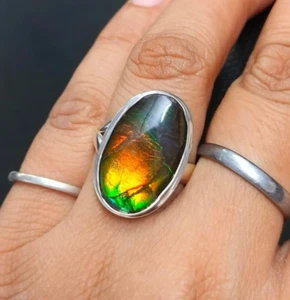 Genuine Ammolite Oval Ring 925 Sterling Silver Gemstone Vintage Style Jewelry 7' - Picture 1 of 8