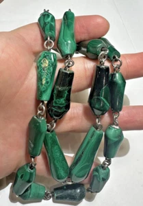 Heavy Carved Green Malachite Bead Strand 24" Link Wire Vintage 111.3g Necklace - Picture 1 of 6