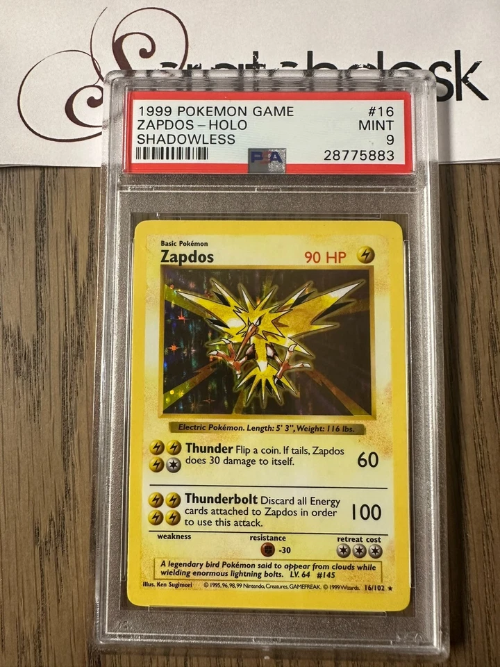 PSA 9 - Pokemon ZAPDOS 16/102 - SHADOWLESS BASE SET - Holo MINT - Image 1 of 2