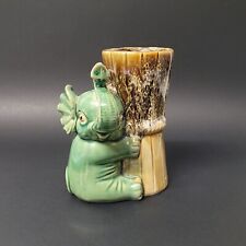 Vintage Baby Elephant Bamboo Majolica Style Ceramic Planter Vase Trunk Up Lucky