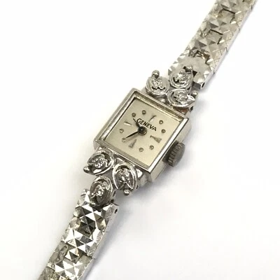 Reloj Geneva Helbros Vintage Oro Blanco 14K y Diamantes Damas, 17 Joyas Foto 1 de 4