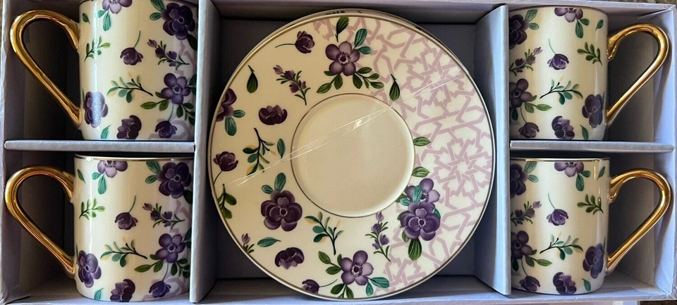 Grace Teaware 紫色三色金色。 4套浓缩咖啡杯和茶碟。 — 第 1/4 张图片