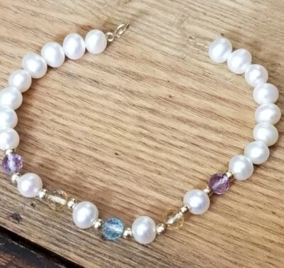 Ross Simons Oro Amarillo 14k Amatista-Topacio Perla Tenis Cuentas Pelota Pulsera  Foto 1 de 4