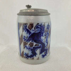 Vintage Reinhold Merkelbach Lowenbrau Bier Deckelstein Salz glasiert Kobaltblau - Bild 1 von 19