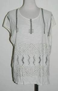 Lucky Brand 100% Cotton Cream Scoop Neck Beaded Front Shirt Top Small - Picture 1 of 5
