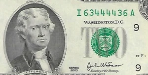 2003 $2 FRN - FANCY SERIAL NUMBER - RADAR Note - I63444436A - GEM - Picture 1 of 3