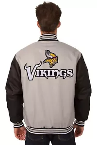NFL Minnesota Vikings Poly Twill Jacket Grey Black Embroidered Patch Logos JHD - Picture 1 of 4