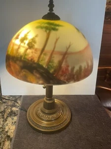 Reverse Painted Bronze Finished Table Lamp Trees Mountains 18” - Picture 1 of 14