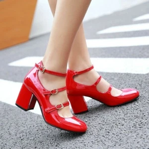 Womens Multi-buckle Mary Jane Patent Leather Shoes Vintage Lolita 7cm Block Heel - Picture 1 of 13