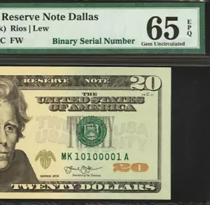 2013 $20 Federal Reserve Note PMG 65EPQ - Binary Serial Number - 10100001 - Picture 1 of 3