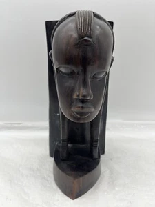 Vintage MCM African Tribal Ebony Bookend Figure Hand Carved Wood Ironwood Bust - Picture 1 of 13